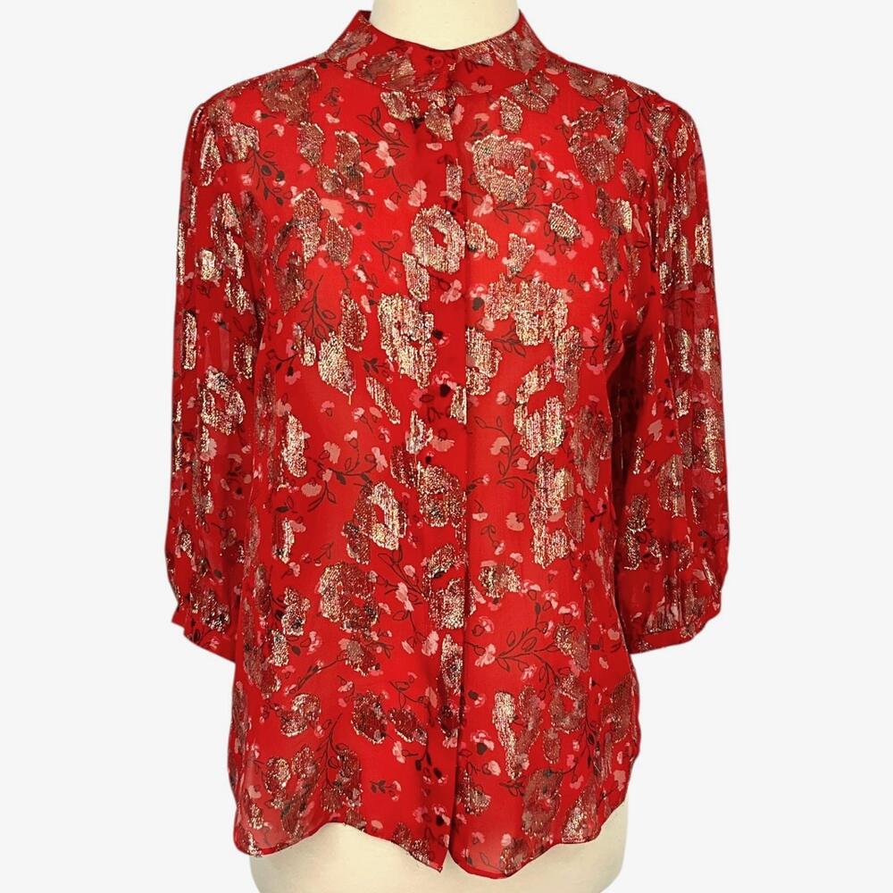 Ba&Sh Blouse Womens Small Red Metallic Floral Silk Button Front Sheer Party Top